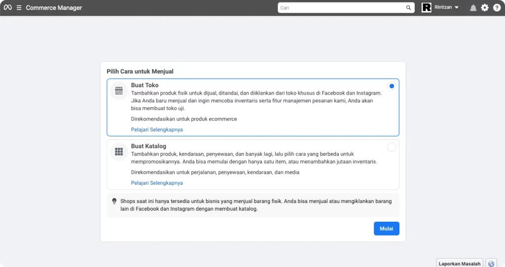 Halaman Ecommerce Manager untuk pengaturan Toko Instagram