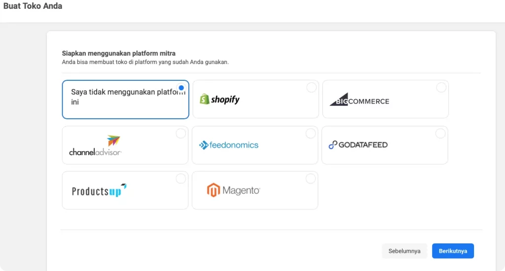 Instagram Shop akan meminta Anda memilih platform untuk cara menghasilkan uang dari Instagram