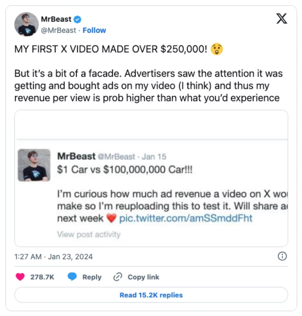 mr beast mendapatan $250000 lewat video