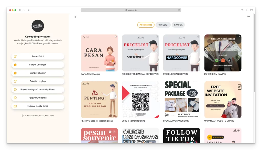 Landing page juga bisa dibuat sebaga profil lengkap dengan Utas sepertri CCWedding ini