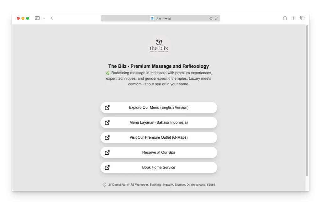 Landing page minimalis yang dibuat dengan utas sebagai link-in-bio