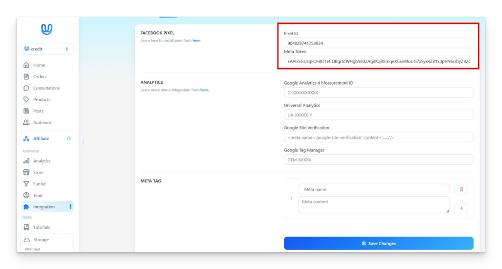 Mengisikan informasi Pixel ID dan Meta Token di Utas